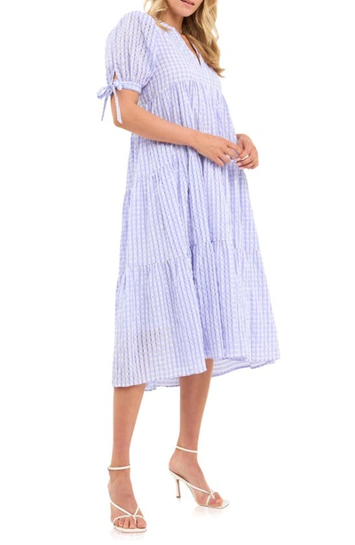 Shop English Factory Gingham Tiered Midi Dress In Lavender