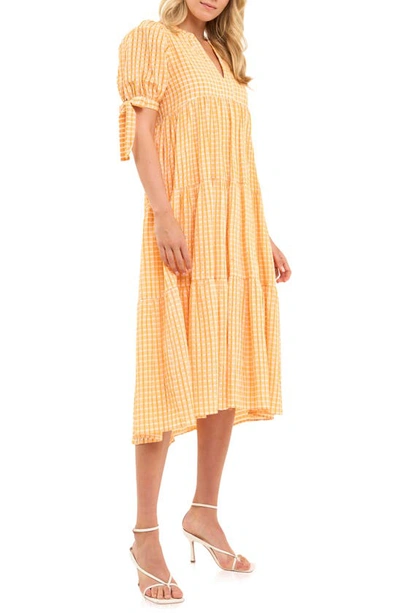 English Factory Gingham Tiered Midi Dress In Orange