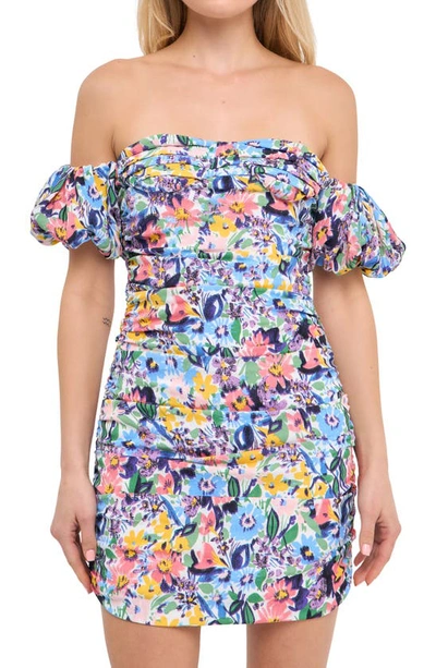 Endless Rose Off The Shoulder Floral Puff Sleeve Minidress In Multi