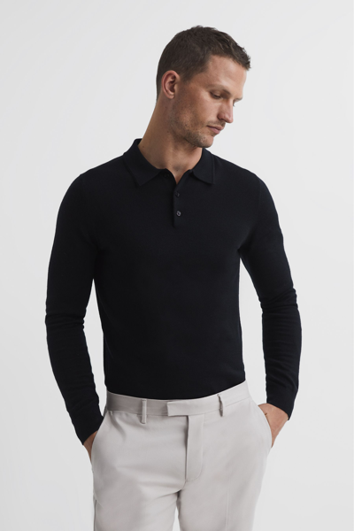 Shop Reiss Trafford - Black Merino Wool Polo Shirt, L