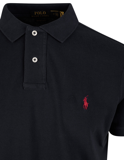 Shop Ralph Lauren Man Slim-fit Custom Polo Shirt In Black Pique With Contrast Pony