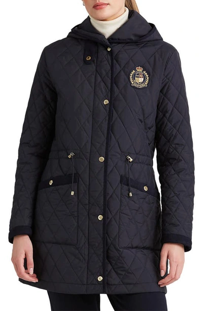 Shop Lauren Ralph Lauren Quilted Crest Hooded Coat In Dark Navy