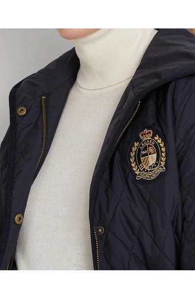 Shop Lauren Ralph Lauren Quilted Crest Hooded Coat In Dark Navy