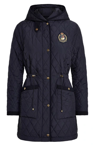 Shop Lauren Ralph Lauren Quilted Crest Hooded Coat In Dark Navy