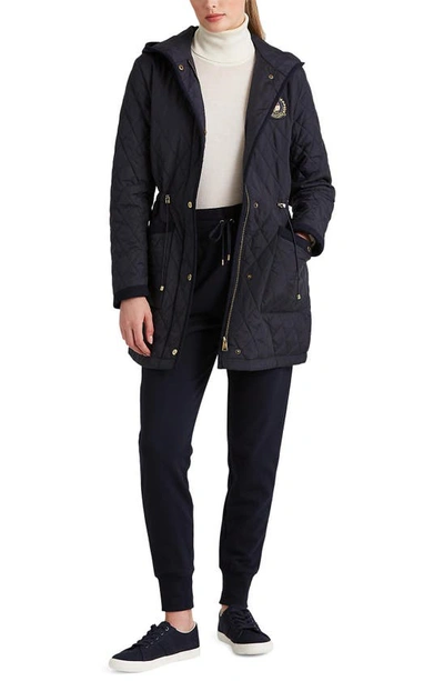 Shop Lauren Ralph Lauren Quilted Crest Hooded Coat In Dark Navy