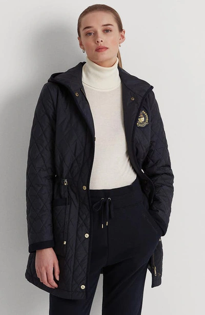 Shop Lauren Ralph Lauren Quilted Crest Hooded Coat In Dark Navy