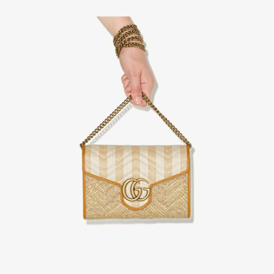 Shop Gucci Neutral Gg Marmont Woven Striped Chain Wallet In Neutrals