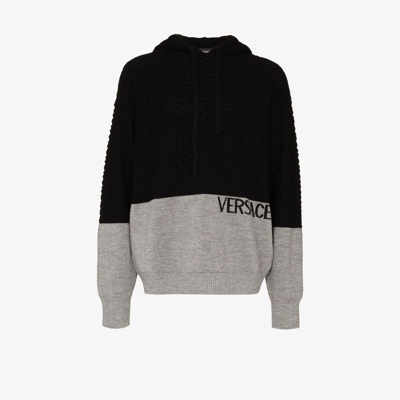 Shop Versace Black And Grey Logo Knitted Wool Hoodie