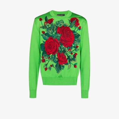 Shop Dolce & Gabbana Green Floral-jacquard Silk Sweater