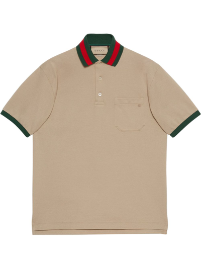 Shop Gucci Beige Web Stripe Polo Shirt In Neutrals