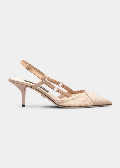 Shop Dolce & Gabbana Pointed Lace Satin Slingback Pumps In Nude