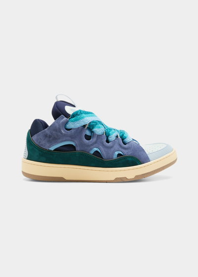 Shop Lanvin Men's Curb Leather Thick-lace Low-top Sneakers In Blue/green