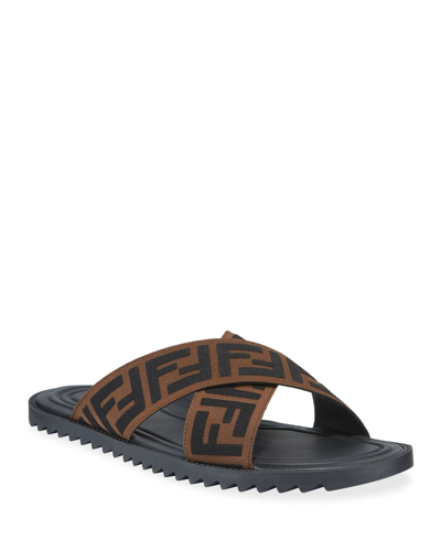 Fendi Double Crossed Band Logo Slides With Jacquard Ff Design In Black