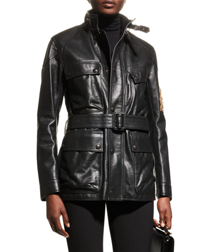 Shop Ralph Lauren Cadena Logo-patch Belted Leather Moto Jacket In Black