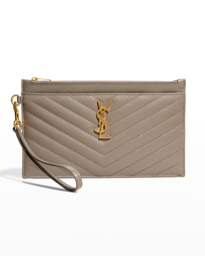 Shop Saint Laurent Large Quilted Ysl Zip Wristlet In Fog