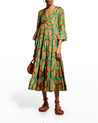 Shop La Doublej Jennifer Jane Clover-print Tiered Silk Twill Midi Dress