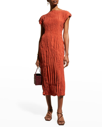 Shop Totême Crinkled Silk Cap-sleeve Midi Dress In Medium Red