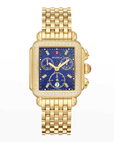 Shop Michele Deco Diamond And Lapis Dial Watch In Gold-tone