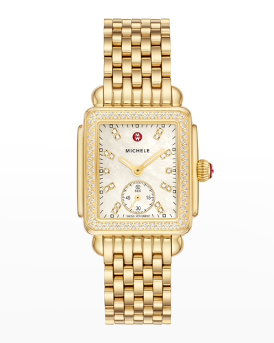 Shop Michele Deco Mid Diamond And Mother-of-pearl Dial Watch In Gold-tone
