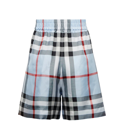 Shop Burberry High-rise Checked Silk Shorts In Pale Blue Ip Check