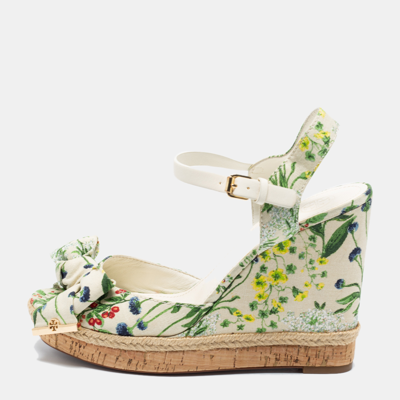 Pre-owned Tory Burch Multicolor Printed Canvas Bow Wedge Ankle-strap  Sandals Size  | ModeSens