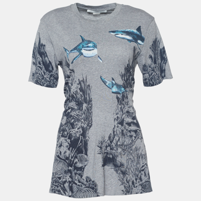 Pre-owned Stella Mccartney Grey Shark Print Melange Cotton Crew Neck T-shirt M