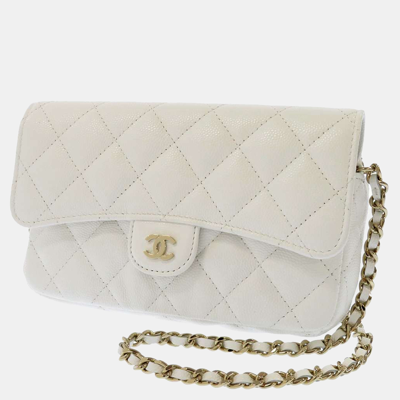 Pre-owned White Caviar Leather Phone Holder Chain Flap Shoulder Bag
