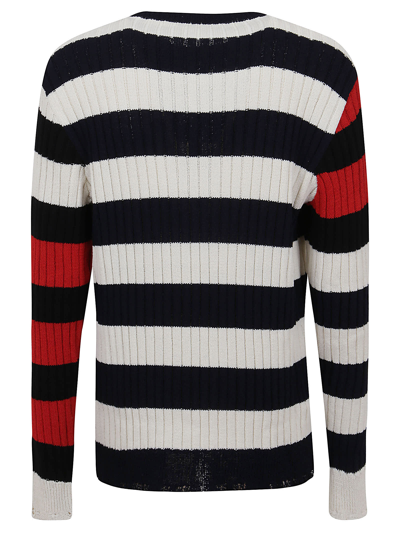 Shop Balmain Striped Destroyed Crewneck W/ Badge In Gja Naturel Bleu Marine Rouge