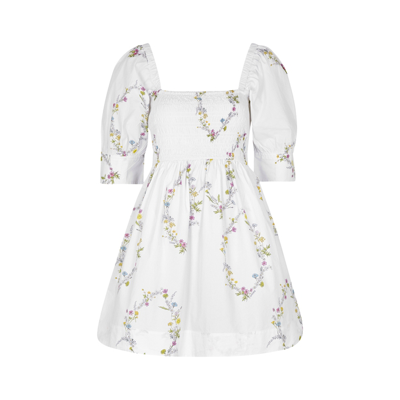 Shop Ganni White Floral-print Cotton-poplin Dress