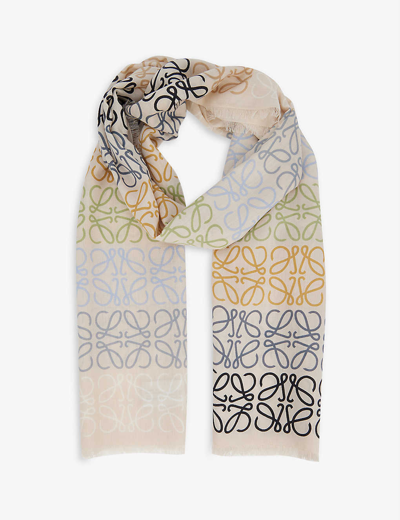 LOEWE Fringed printed wool, silk and cashmere-blend scarf