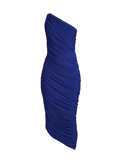 Shop Norma Kamali Diana Ruched One-shoulder Midi-dress In Dark Blue