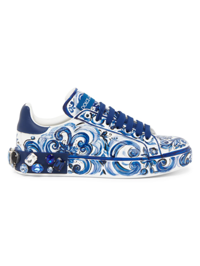 Shop Dolce & Gabbana Women's Portofino Leather Low-top Sneakers In Blue White