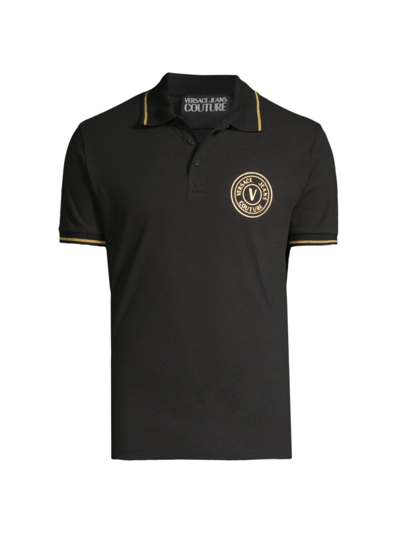 Shop Versace Jeans Couture Men's Logo Emblem Cotton Polo Shirt In Black Gold