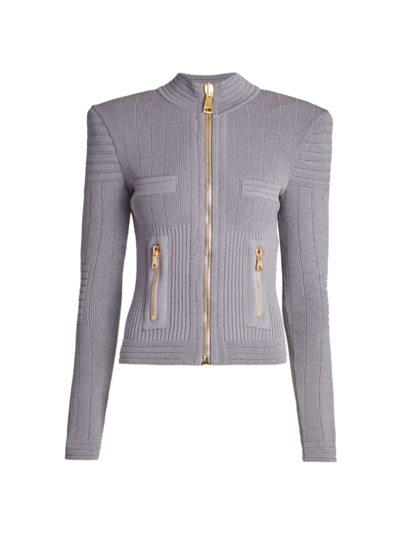 Shop Balmain Women's Ribbed-knit Zip Cardigan In Grey