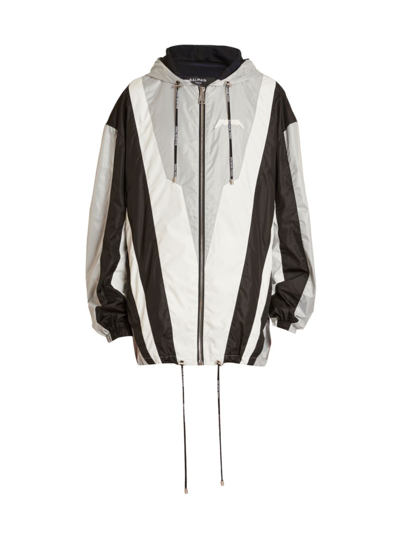 Shop Balmain Men's Nylon Track Jacket In Noir Blanc Gris Clair