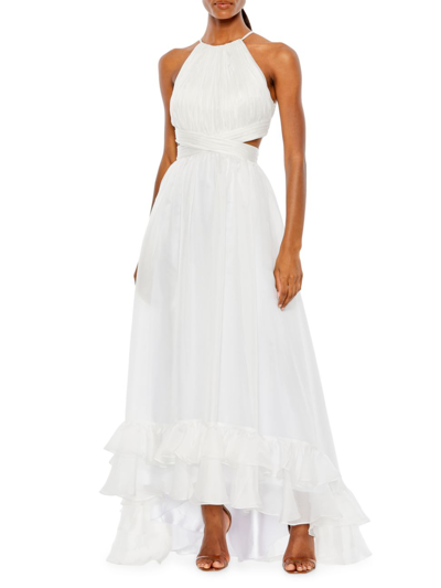 Shop Mac Duggal Women's Pleated Ruffle Hem Halter Gown In White