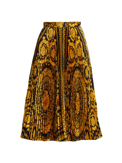 Shop Versace Women's Barocco Pleated Midi-skirt In Black Gold