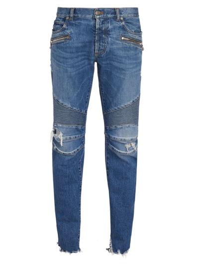 Shop Balmain Men's Ribbed Slim Jeans In Bleu Jean