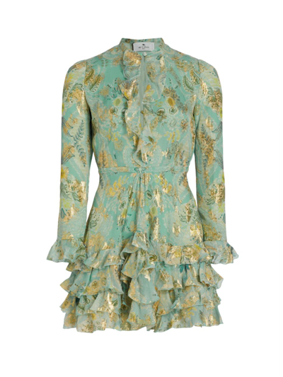 Shop Etro Women's Metallic Leaf Ruffled Minidress In Light Blue