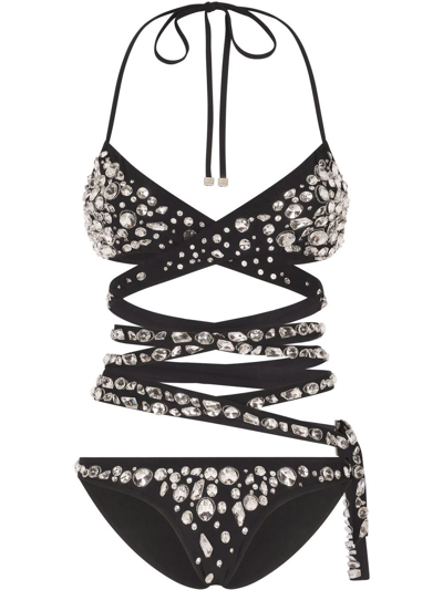 Shop Dolce & Gabbana Rhinestone-embellished Crossover Bikini In Black