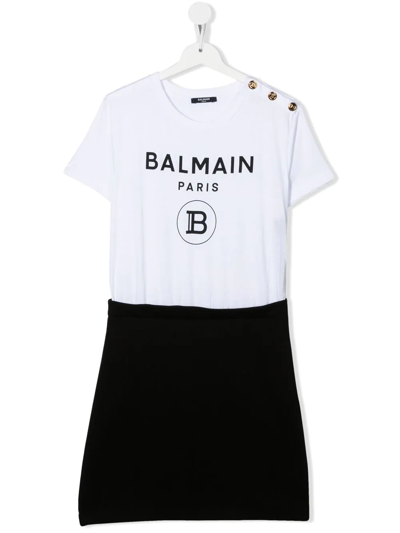 Shop Balmain Teen Logo-print Cotton T-shirt Dress In White