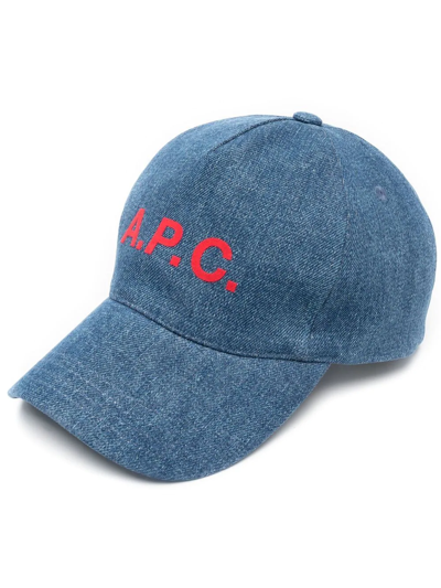 Shop Apc Logo-print Denim Baseball Cap In Blue