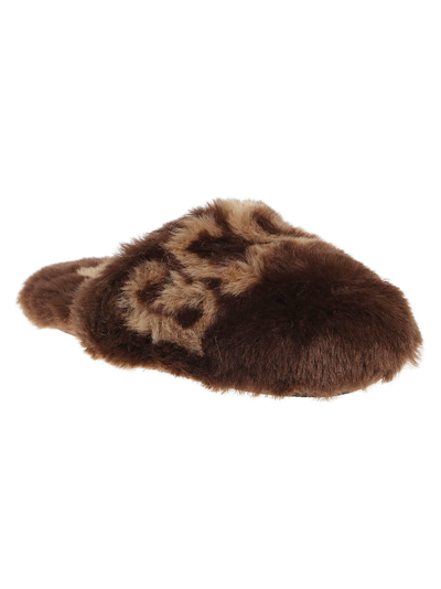 Shop Gcds Fur Logo Slippers In Brown