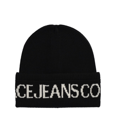 Shop Versace Jeans Couture Basic Macrologo Black White Beanie In White/black
