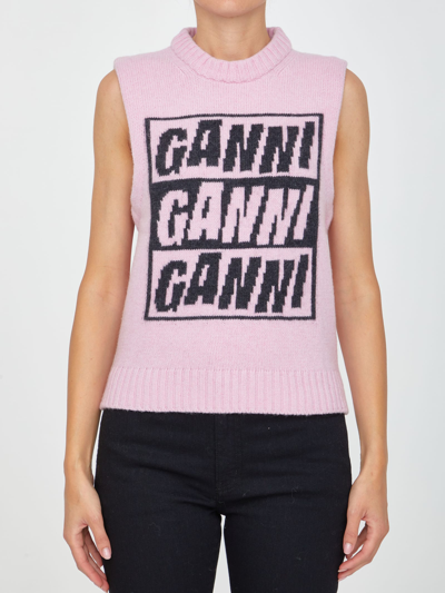 Shop Ganni Pink Vest With Logo