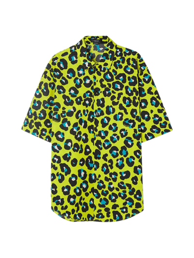 Shop Versace Informal Shirt Tessuto Popeline Cotone Stampa Leopard Allover In Acid Lime Multi