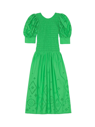Shop Ganni Broderie Anglaise Midi Dress In Kelly Green