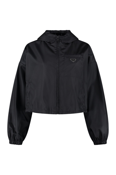 Shop Prada Hooded Re-nylon Cropped Jacket In Black