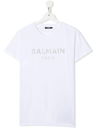 Balmain Kids' Glitter-detail Logo-print T-shirt In Weiss | ModeSens