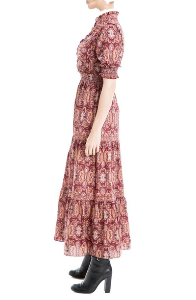 Shop Maxstudio Ruffle Collar Print Tiered Maxi Dress In Wine Floral Paisley Band
